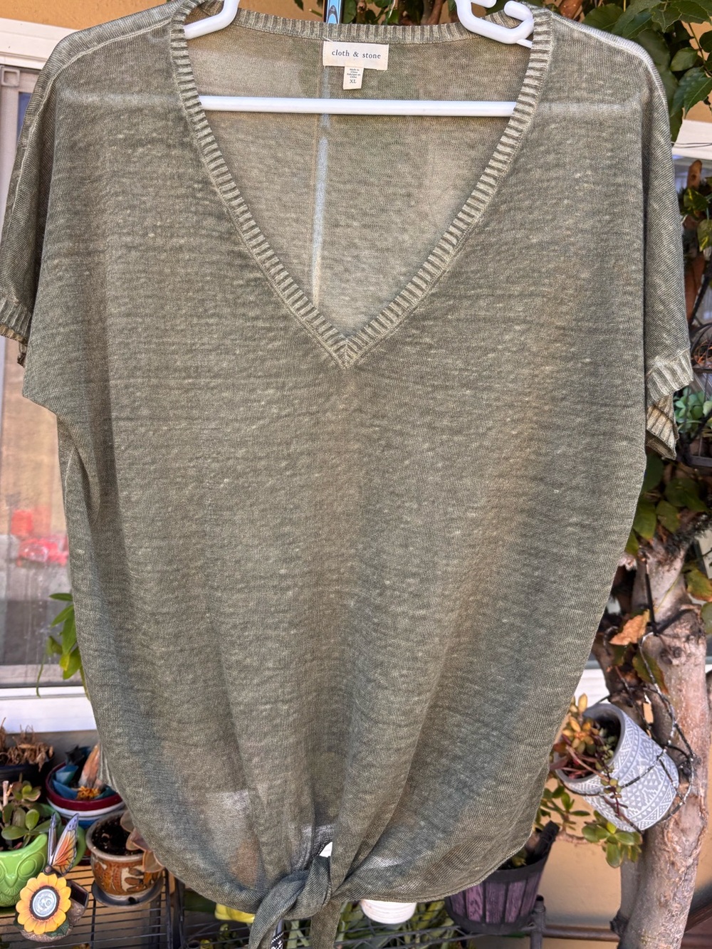 Cloth & Stone Olive Textured Linen Front Tie Tshirt Top Size XL - Picture 8 of 14